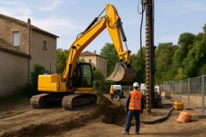 excavatrice-travaux-bâtiment Excavatrice jaune en action près d'un bâtiment